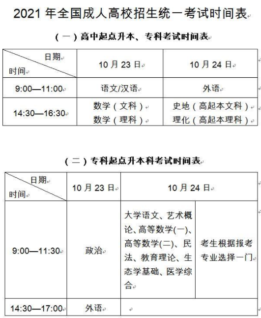 2021全国成人高校招生统一考试时间及科目表