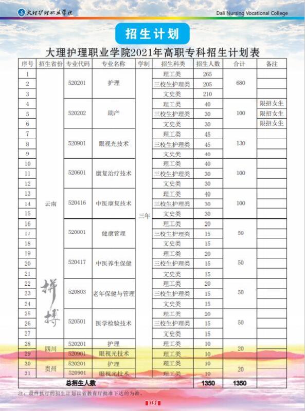 2021大理护理职业学院招生计划-各专业招生人数是多少